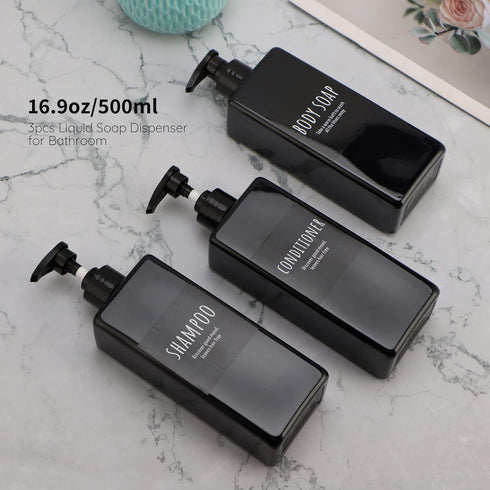 Segbeauty Shampoo and Conditioner Dispenser Refillable, 3pcs 16.9oz Shower Bottles Soap Dispenser with Labels, 500ml Empty Plastic Square Pump Bot...
