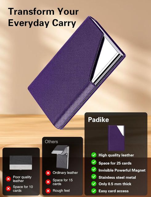 Padike Business Card Holder, Upgraded Leather Business Card Case Pocket Card Holders for Men or Women, Metal Slim Name Card Holder RFID Blocking B...
