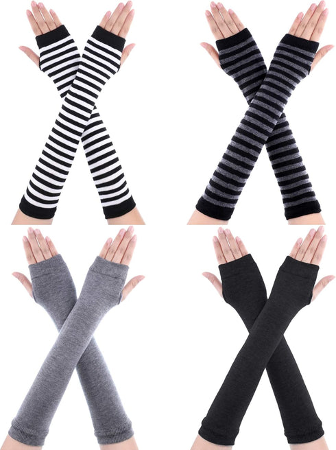 Bememo 4 Pairs Punk Gothic Long Fingerless Gloves Knitted Arm Warmer Elbow Length Thumb Hole Gloves...