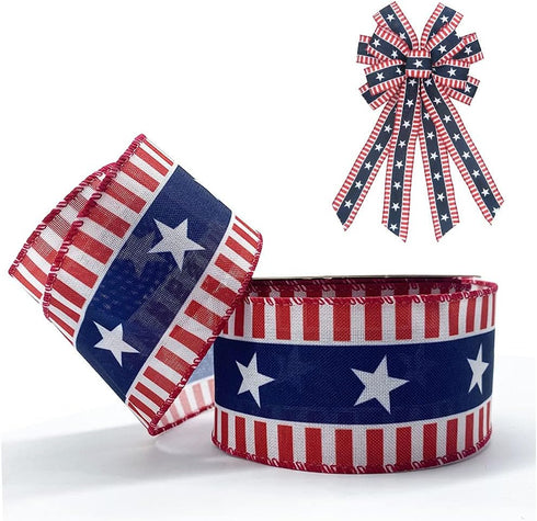 Hying 4th of July Ribbons for Crafting, 2.5" X 10 Yards Patriotic Wired Edge Ribbons American Stripes Stars Ribbons Blue Burlap Craft Ribbon Bows ...