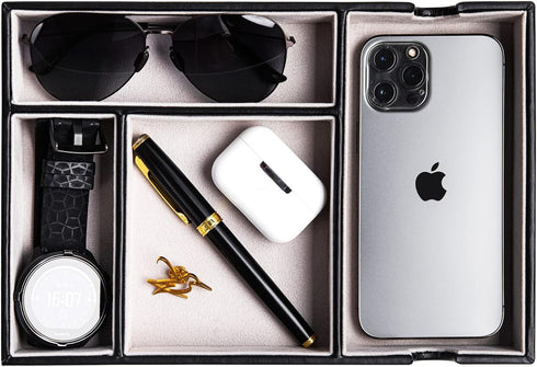 Mens Valet Tray for Nightstand Bedside and Entry Table Faux Leather Catchall Tray for Phone,Watch,Glasses,Wallet,Jewelry and Keys Dresser Organize...
