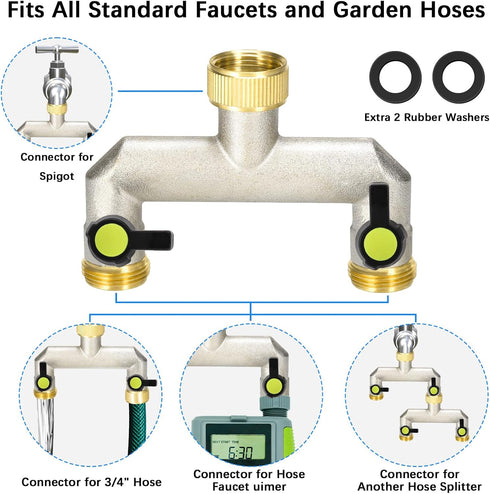 Brass Garden Hose Splitter - Water Hose Splitter 2 Way Heavy Duty, Outdoor Faucet Splitter with Shut Off Valves, Hose Bib Adapter and Spigot Conne...