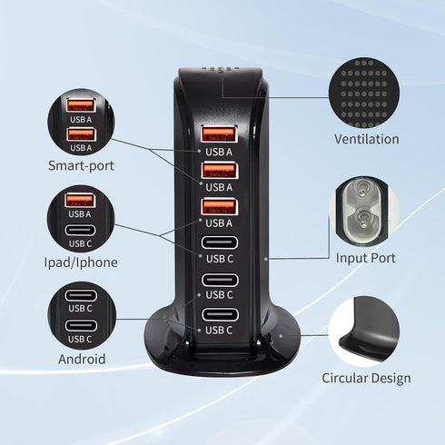 6-Port USB Wall Charger Desktop Charging Station Quick Charge,Compatible with lphone15, 14,13, 12, 11, XS, XR, X, SE, 8, 7, Ipads, Samsung Galaxy,...