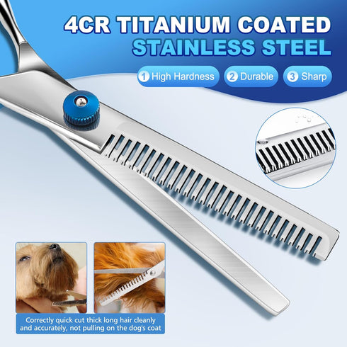 5 in 1 Professional Dog Grooming Scissors, 4CR Stainless Steel Set, Grooming Scissors for Dogs with Safety Round Tip, Upgraded Heavy Duty Titanium...
