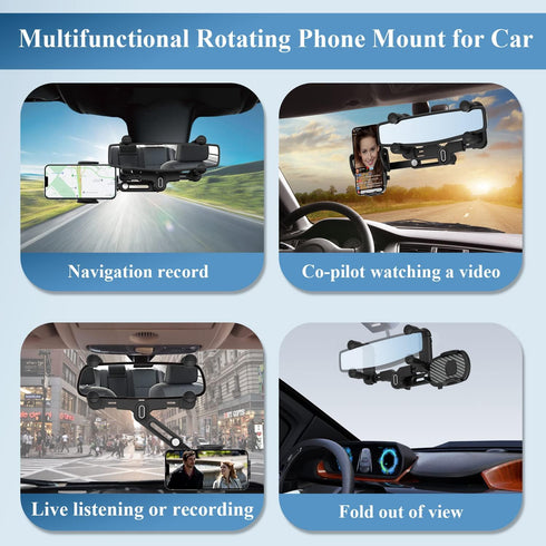 Car Phone Holder for Rearview Mirror, 360 Rotatable and Retractable, Fits 4.0-7.0 Inch Smartphones, Mirror-Black......