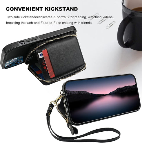 Bocasal RFID Blocking Wallet Case for iPhone 13 Pro Max, Adjustable Crossbody Zipper Purse Case Card Holder with Kickstand Detachable Wrist Strap,...