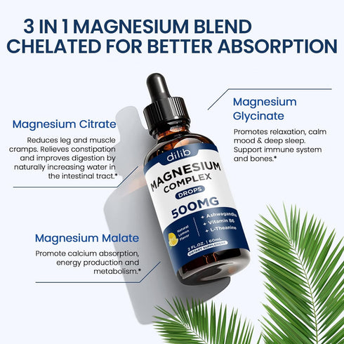 Triple Magnesium Complex Supplement-Liquid Magnesium Glycinate, Citrate, Malate Liquid Drops 500mg with Ashwagandha, L-Theanine, Vitamin B6 for Ca...