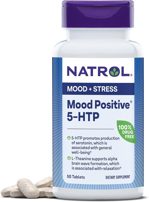 Natrol Mood Positive 5-HTP 50mg With L-Theanine, Vitamin B6, Vitamin B12 and Folate, Dietary Supplement Helps Support a Positive Mood, 50 Tablets,...