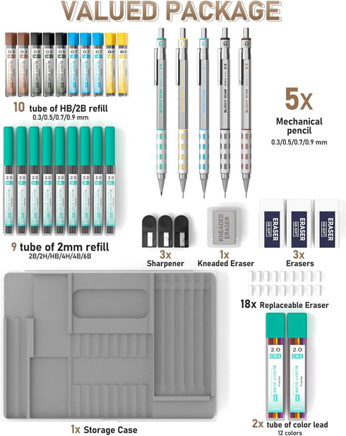 Nicpro 36PCS Blocky Gear Mechanical Pencil Set with Case, Metal Mechanical Pencils 0.3, 0.5, 0.7, 0.9, 2mm Lead Holder for Art Drawing Sketching w...