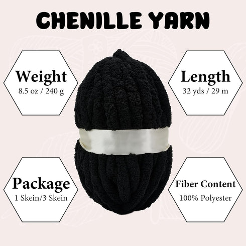 Black Chenille Chunky Yarn for Hand Knitting Fluffy Jumbo Chenille Yarn DIY for Crocheting Blanket Cushion 1 Skein (8.5 oz, 32 yds Each Skein)......