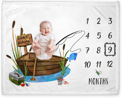 Fishing Baby Monthly Milestone Blanket, Gone Fishing Baby Boy Growth Chart Milestone Photo Blanket, Fishing Boat Newborn, Includes Marker (50"x40"...