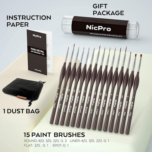 Nicpro 15 PCS Micro Fine Detail Paint Brush Set, Small Miniature Fine Tip Detail Brushes Kit for Acrylic Oil Watercolor, Models, Paint by Numbers,...