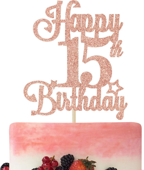 Happy 15th Birthday Cake Topper, Cheers to 15 Years, Hello 15, 15th Birthday Anniversary Party Decorations Rose Gold Glitter....