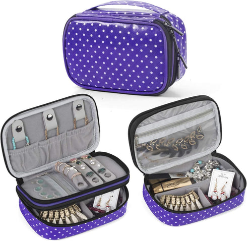 Teamoy Jewelry Travel Case Organizer - Small Storage Bag for Necklace, Earrings, Rings, Watch, Purple Dots...