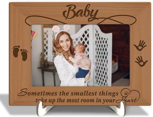 Wood Picture Frame with Wood Stand, Footprint Photo Frame Tabletop Display - Baby, Shelf Desk Decor Gift for Pregnant Mom New Dad Mother-to-be, Ho...