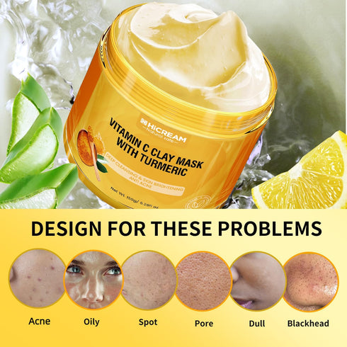 Turmeric Vitamin C Clay Mask, Deep Cleansing Facial Mask, Clay Face Mask Skin Care with Kaolin Clay and Aloe for Pores, Acne, Dark Spots, Hydratin...