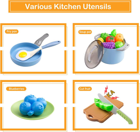 35Pcs Kids Kitchen Toy Accessories, Toddler Pretend Cooking Playset with Play Pots and Pans, Utensils Cookware Toys, Play Food Set, Toy Vegetables...