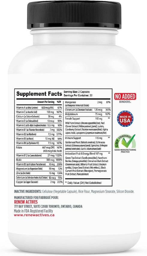 Renew Actives Women's Multi-Vitamin & Antioxidant: Daily Health Supplement for Woman- 20 Vitamins & Minerals - 60 Capsules...