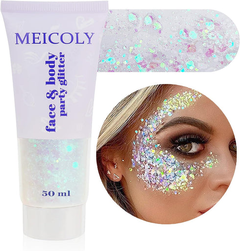 MEICOLY Clear White Body Glitter,Mardi Gras Face Glitter Singer Concerts Festival Rave Accessories,Mermaid Sequins Glitter Face Paint,Chunky Hair ...