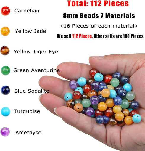 AD Beads 8mm Natural Loose Beads 112 Pieces for Making mala Necklace or Bracelet (7 Chakra Beads)...