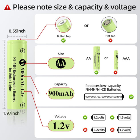 Rechargeable AA Batteries, Ni-MH AA 900mAh Rechargeable Batteries, Double A 1.2v Solar Batteries for Garden Landscaping Outdoor Solar Lights, Stri...