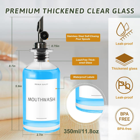 Mouthwash Dispenser for Bathroom, Clear Glass Mouth Wash Container with Stainless Steel Pour Spout, Refillable Mouthwash Bottle with Waterproof La...