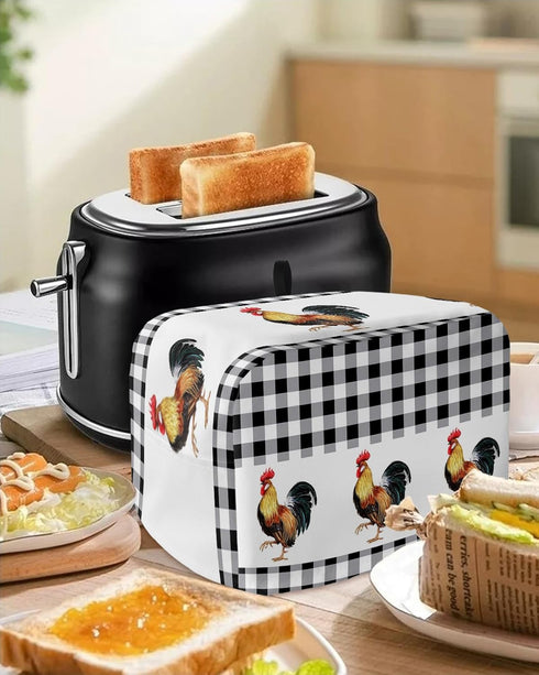 Toaster Dust Cover with Pockets, Rooster Summer Farm Style Black White Buffalo Plaid Soft Washable 2 Slice Toaster Cover, Dust-proof Cover for Sma...