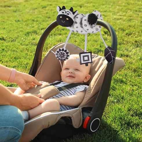 Baby Hanging Stroller Toy, Animal Spiral Plush Circle Activity Car Seat Travel Toys, Black and White Squeak Early Educational Toy for Newborn Boys...