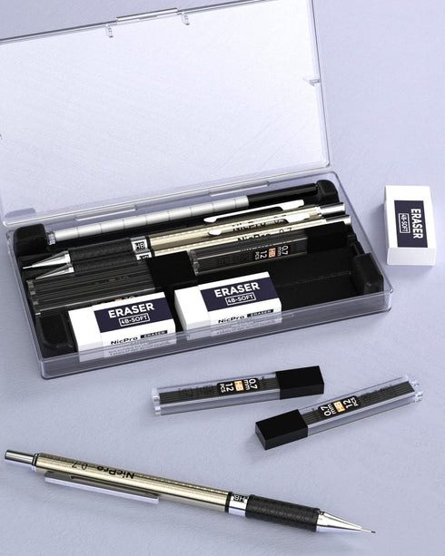Nicpro 0.7 mm Art Mechanical Pencil Set in Storage Case, 3 PCS Metal Drafting Pencil Lead Pencil with 6 Tube HB Lead Refills, 3 Erasers, 9 PCS Era...