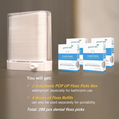 Automatic Pop Up Floss Sticks Holder and 4 Box 0.002in Soft Fine Floss, A Good Waterproof Storage Box for Floss Picks, Flossers for Adults Dispens...