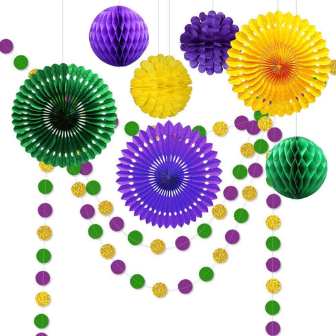 Decor365 Gold Purple Green Mardi Gras Party Decorations Glitter Circle Garlands Banner Hanging Paper Fan Tissue Pompoms Fat Tuesday Mardi Gras Bir...