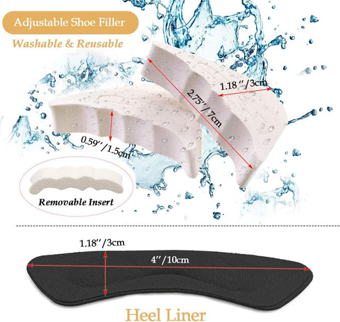 4 Pairs Adjustable Shoe Filler and 4 Pairs Heel Grip Liner Insert, Reusable Toe Plug Foot Brace Pads for Men and Women Pumps Flats Sneakers...