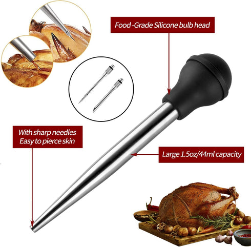 JY COOKMENT Stainless Steel Turkey Baster Baster Syringe for Cooking Meat Injector Set with 2 Marinade Needles 1 Cleaning Brush for Home Baking Ki...