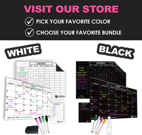 Black Magnetic Calendar for Refrigerator - Dry Erase Calendar for Fridge – For Family, Kids, Workout, Menu Planner – 12 x 16in - Includes 4 Marker...