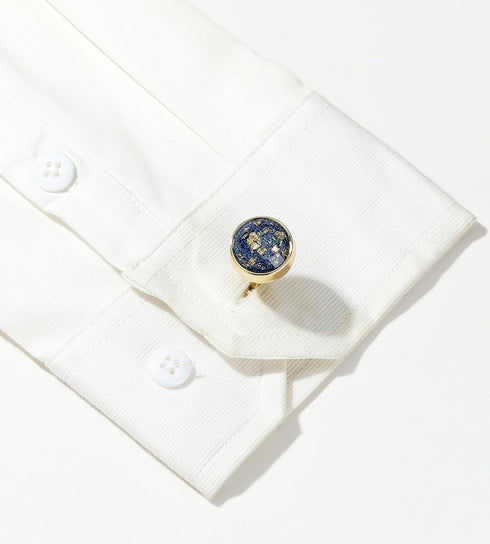 Polyhedral Blue/Black Gemstone Round Cufflinks for Men In Gift Case Golden/Silver Tone Unisex Cufflinks Jewelry Set for Wedding Party Anniversary ...