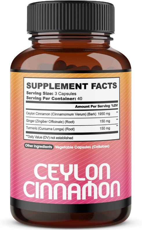Ceylon Cinnamon Capsules - Combined with Ginger Root and Turmeric Curcumin Supplement - 120 Vegan Capsules...