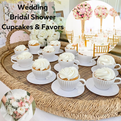 Evelots Teacup Silicone Cupcake Liners for Baking 12 Pc Set Oven Safe Non Stick (6 Cups & 6 Saucers) Reusable Baking Muffin Cups - BPA Free -2 Col...