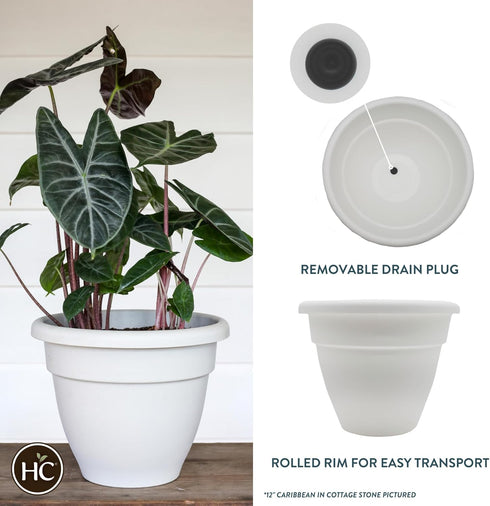 The HC Companies 12 Inch Caribbean Planter - Lightweight Indoor Outdoor Plastic Plant Pot for Herbs and Flowers, White...