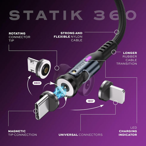 Statik 360 Rotating Magnetic Charging Cable - Magnetic USB C Charging Cable, 3 Magnet Tips for Magnetic Charger Cable, iProduct, Micro-USB, USB-A ...