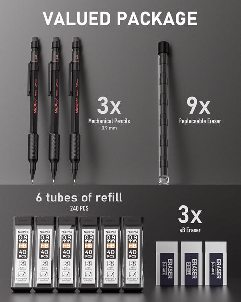 Nicpro 0.9 Metal Mechanical Pencil Set with Case, 3PCS Hevey Duty MP2000 Lead Pencil With 6 Tube HB Lead Refills 0.9mm, Erasers, Weatherproof Barr...