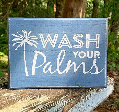 Sukha Home Wash Your Palms Wood Bathroom Sign, Palm Tree Decor, Beach Themed Bathroom Decor, Beachy Decorations Home Decor, Coastal Shelf or Wall ...