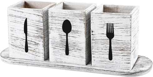 Kathfly 4 Pcs Silverware Caddy Utensil Holder for Countertop Silverware Organizer with Wood Tray Spoon Fork Holder for Kitchen Parties(Retro White...