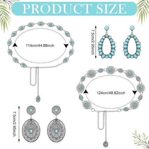 4 Pcs Turquoise Concho Chain Belt with Bohemian Dangle Metal Large Oval Earring, Women Concho Adjustable Belts Western Turquoise Earrings for Wome...