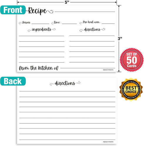 Double Sided Recipe Cards 3x5 Inches, 50 Counts Durable Easy Typing - Minimal Modern (White)...