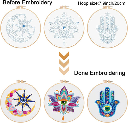 Louise Maelys 3 Set Tarot Evil eye Embroidery Kits for Beginners,Adults Starter Cross Stitch Kit DIY Needlepoint Kits with hamsa hand sun moon lou...