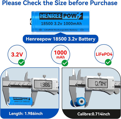 Henreepow 18500 3.2v Rechargeable Battery, 3.2v LiFePO4 Lithium Phosphate Battery 1000mAh for Outdoor Garden Solar Lights, Flashlight (2 Pack)...