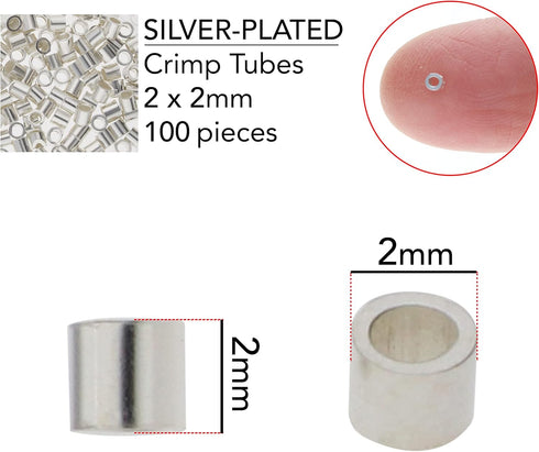 The Beadsmith Bead Elements Tube Crimp Beads, 2 x 2mm, 100 per Glass Vial, Box of 10 Vials, Silver Color, Uniform Cylindrical Shape, Designed to S...