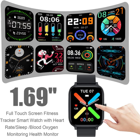 Smart Watch for Men Women Compatible with iPhone Samsung Android Phone 1.69 inch Full Touch Screen IP68 Waterproof Bluetooh Fitness Tracker Heart ...