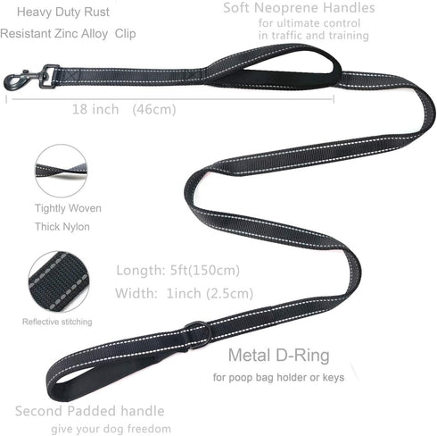 Dog Leash 5ft Long - Traffic Padded Two Handle - Heavy Duty - Double Handles Lead for Control Safety Training - Leashes for Large Dogs or Medium D...