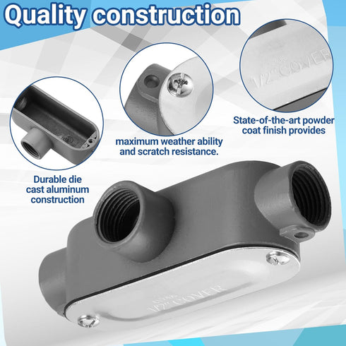 Tandefio 4 Pcs Threaded T Type Conduit Body, Stamped Steel Cover, Die Cast Aluminum Junction Box(1/2 Inch)...
